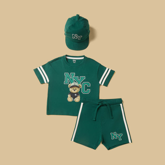 MAX-Bear Print Cotton T-shirt with Shorts and Cap Set