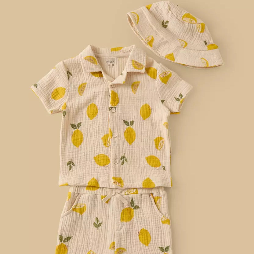 MAX-Lemon Print Double Gauze Cotton Shirt with Shorts and Hat
