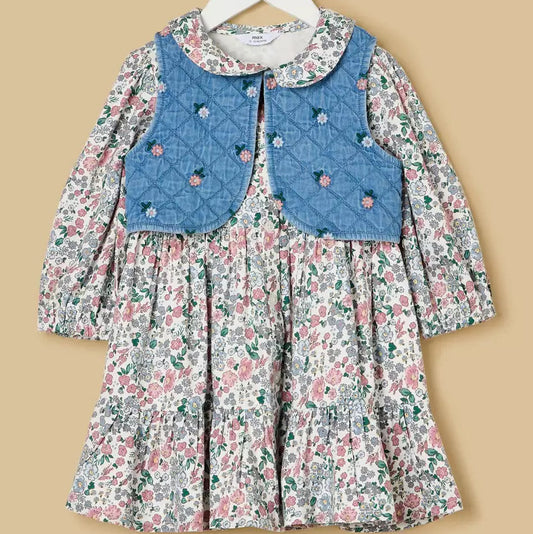MAX-Floral Print Dress with Denim Shrug