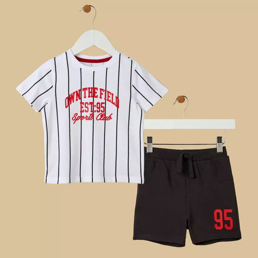 MAX-Varsity Print Striped Cotton T-shirt and Shorts Set