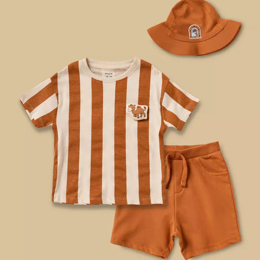 MAX-Striped Cotton T-shirt and Shorts Set with Cap