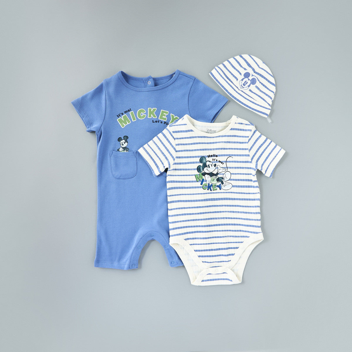 MAX-Mickey Mouse Print Cotton Bodysuit with Romper and Cap