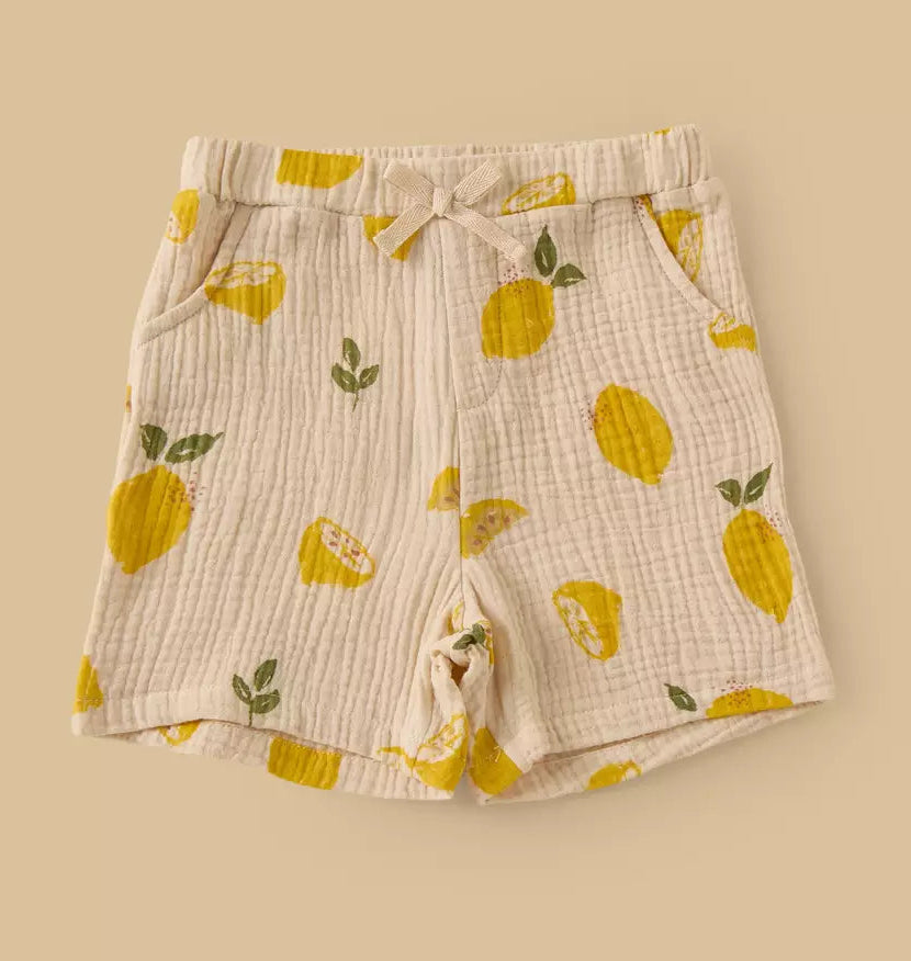 MAX-Lemon Print Double Gauze Cotton Shirt with Shorts and Hat