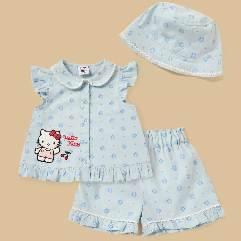 MAX-Hello Kitty Embroidered Top with Shorts and Cap