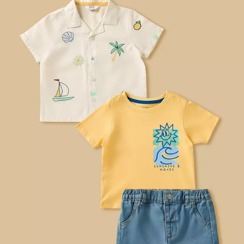 MAX-Embroidered Shirt with T-shirt and Shorts Set