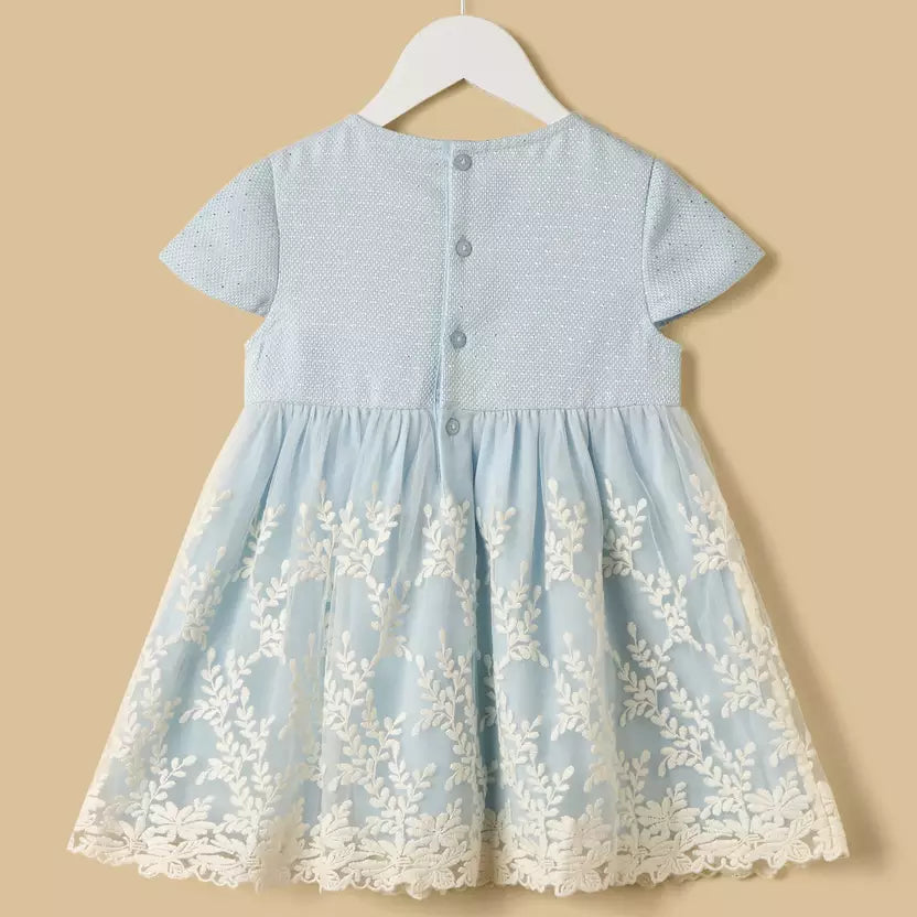 MAX-Embroidered Mesh Overlay Jacquard Dress