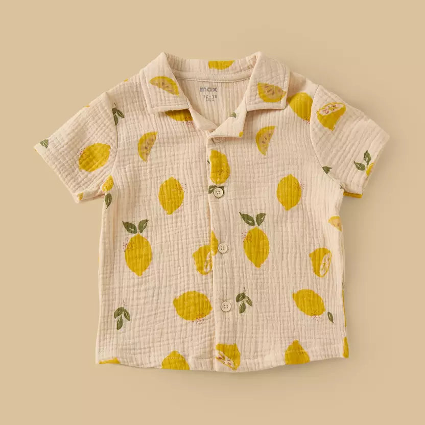 MAX-Lemon Print Double Gauze Cotton Shirt with Shorts and Hat