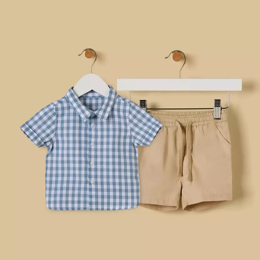 MAX-Gingham Cotton Shirt and Shorts Set