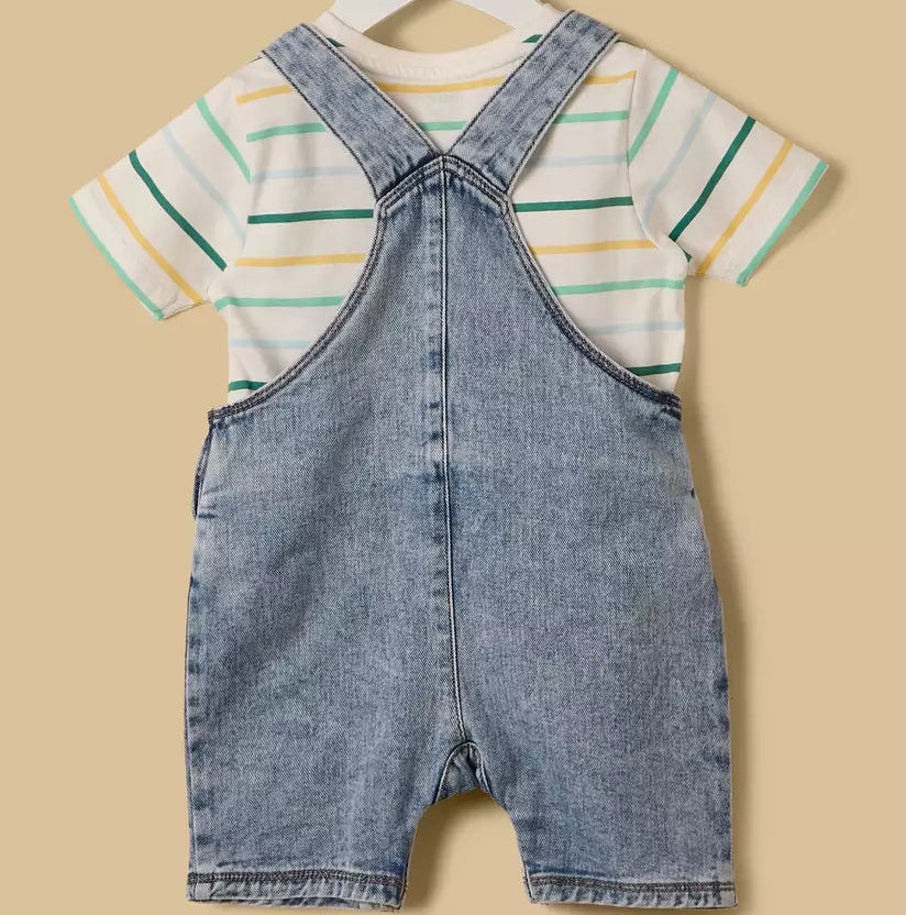 MAX-Embroidered Denim Dungaree with Striped T-shirt