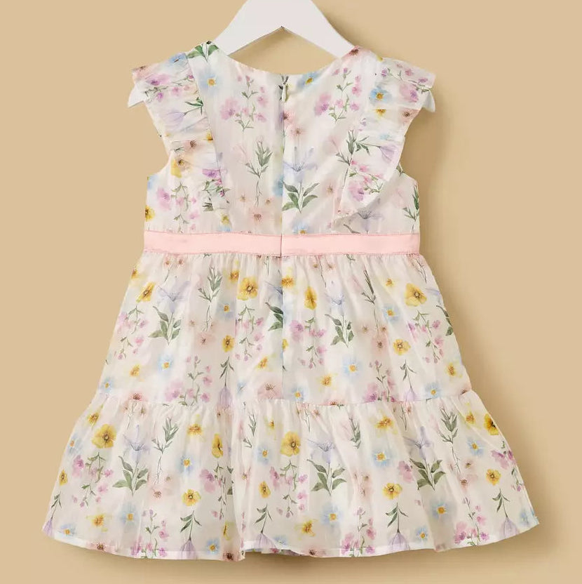 MAX-Floral Print Tiered Dress with Bow Accent