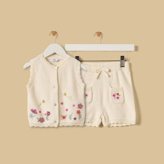 MAX-Floral Embroidered Cardigan and Shorts Set
