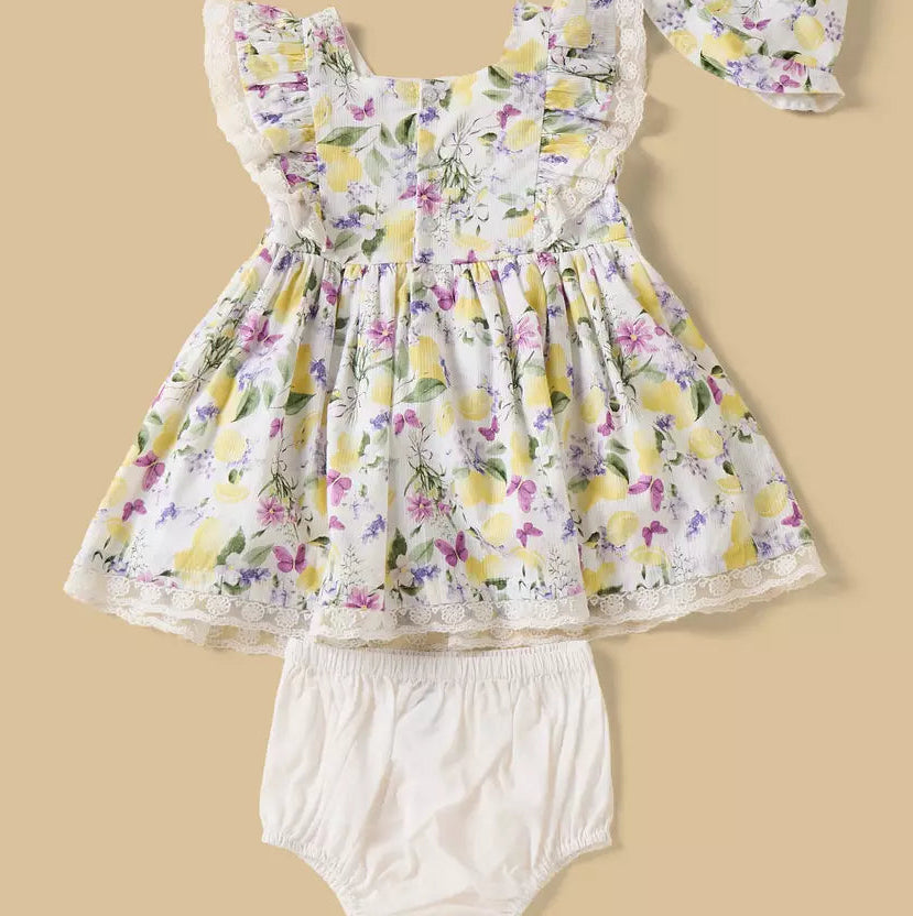 MAX-Lemon Print Sleeveless Dress with Bloomers and Cap