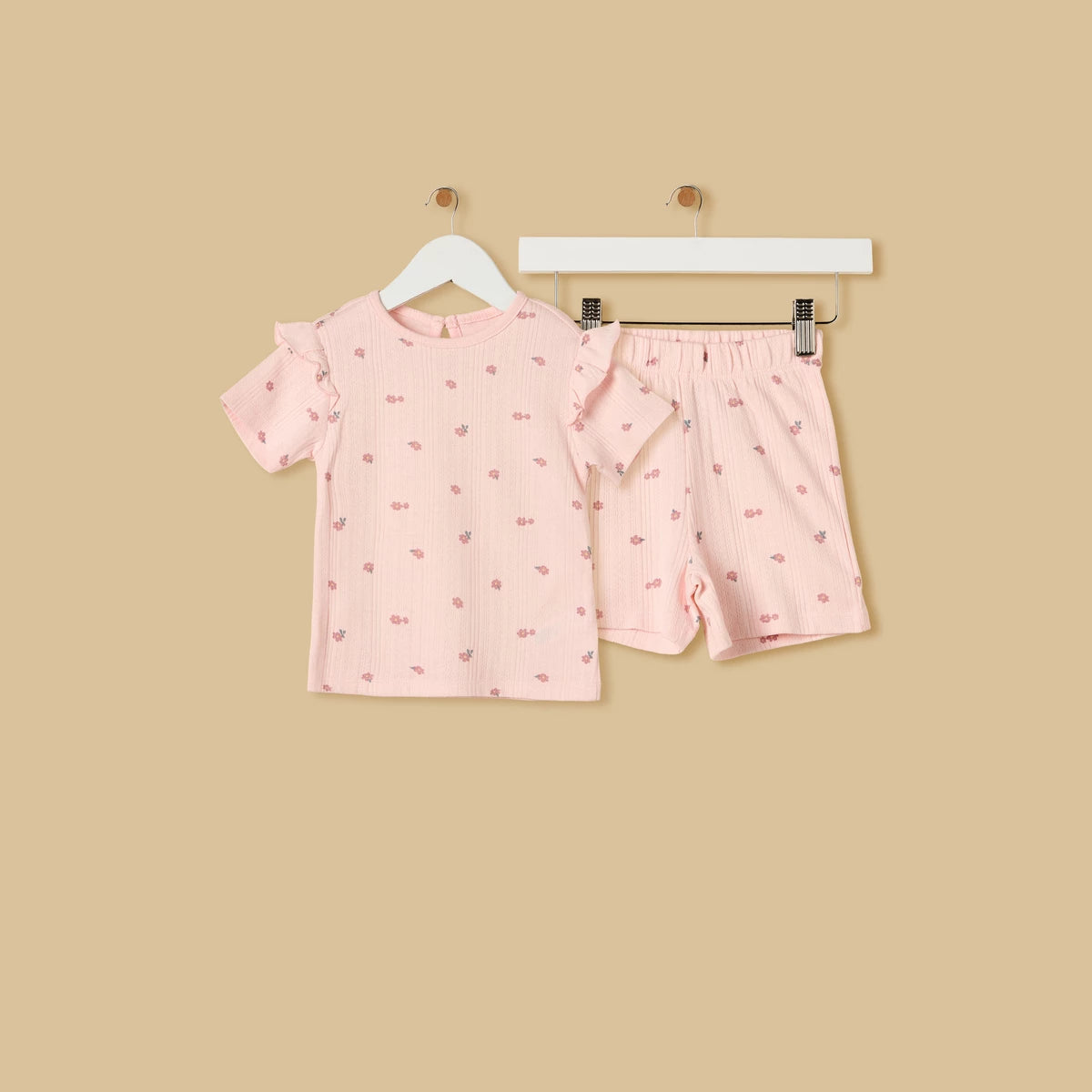 MAX-Floral Print Pointelle Cotton Shorts Set
