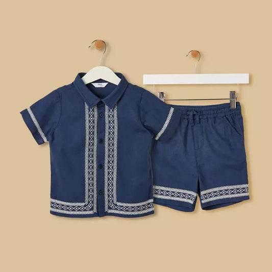 MAX-Embroidered Cotton Shirt and Shorts Set