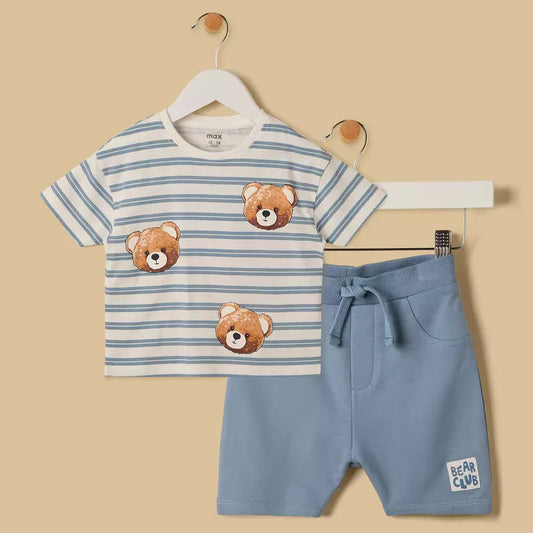 MAX-Bear Print Striped T-shirt and Shorts Set
