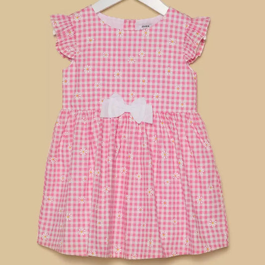 MAX-Checked Cotton A-line Dress with Bow