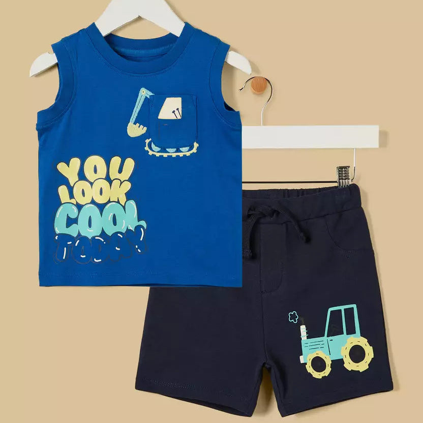 MAX-Slogan Print Sleeveless Cotton T-shirt and Shorts Set