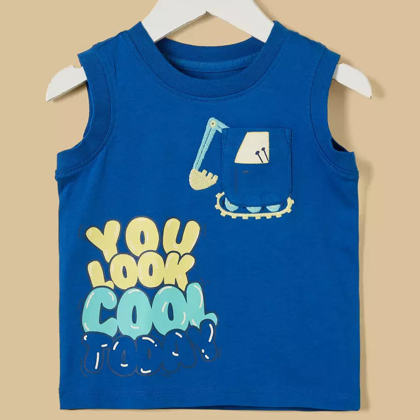 MAX-Slogan Print Sleeveless Cotton T-shirt and Shorts Set