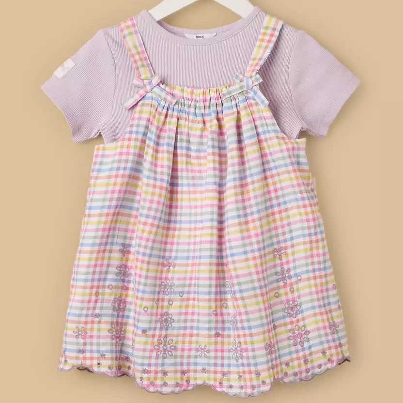 MAX-Checked Pinafore and Ribbed T-shirt Set