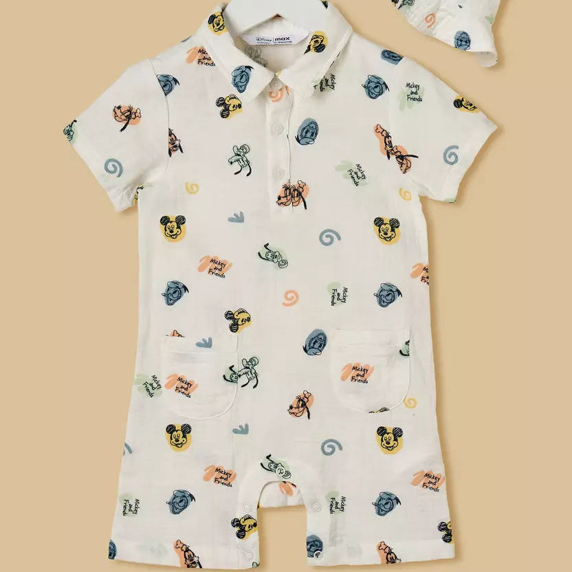 MAX-Mickey Mouse and Friends Print Cotton Romper and Cap