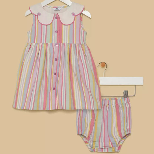 MAX-Striped Linen Dress with Cap and Bloomers