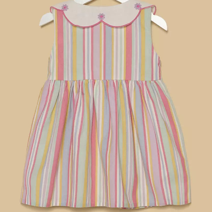 MAX-Striped Linen Dress with Cap and Bloomers